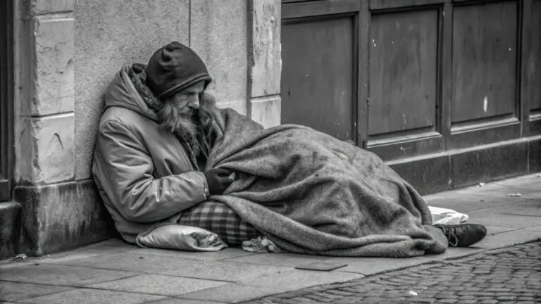 homeless man sits sidewalk wrapped blanket urban area generative ai